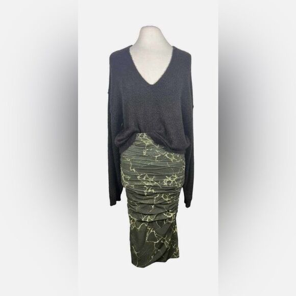 Zara Deep Green Marble Print Mesh Ruched Midi Skirt Size Small - Picture 1 of 7